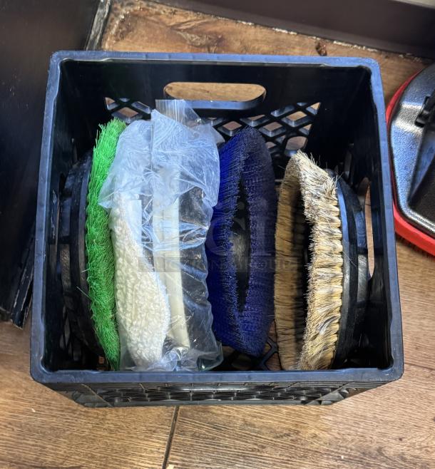 Oreck XL Pro scrubbing machine attachments in a crate, various brushes, tested and working condition.
