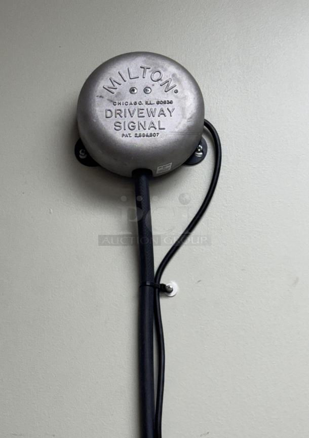 Milton Drive Thru Signal Bell, vintage metal, patent number visible, good condition, wall-mounted with cables.