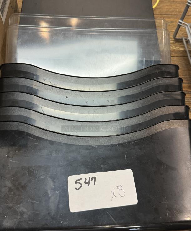 Eight black wall mount file holders, gently used, stack in a row. White label with "547 x8" indicating set quantity.
