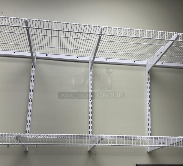 Wall mount wire shelving with brackets, white metal, multiple rows, sturdy construction, excellent condition.