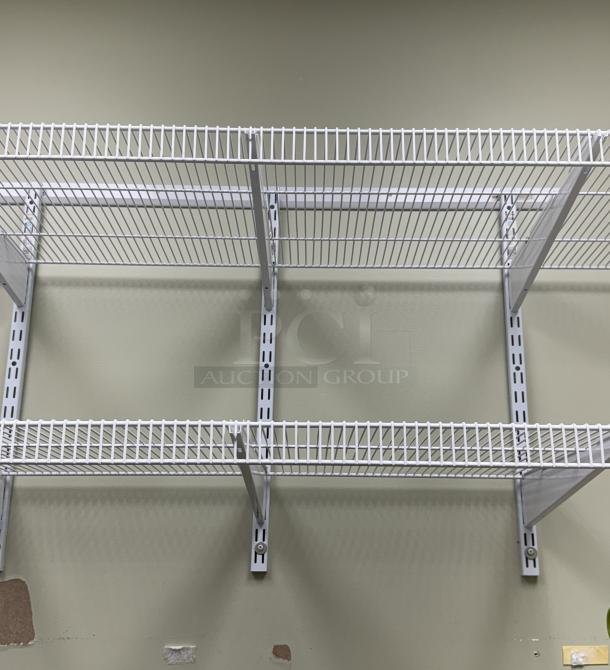 Wall mount wire shelving with brackets, white metal, two-tier design, sturdy construction, in good condition.