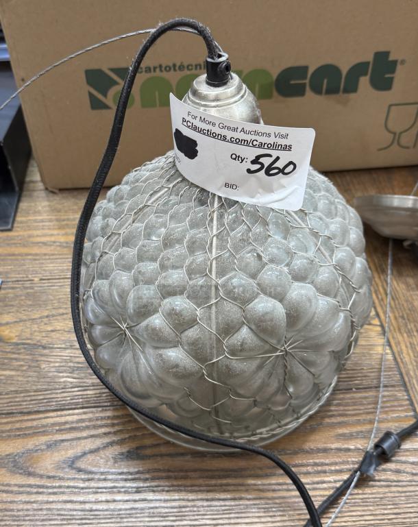 Hanging pendant light with frosted glass and metal wire mesh design. Auction tag indicates item number 560.