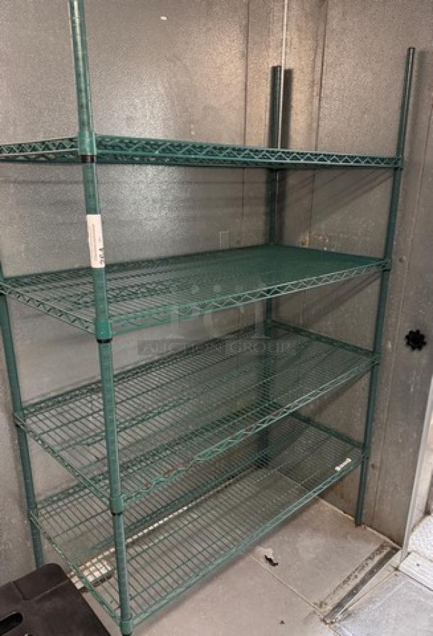 Green wire rack with 4 shelves, sturdy metal construction, good condition, suitable for storage or display.