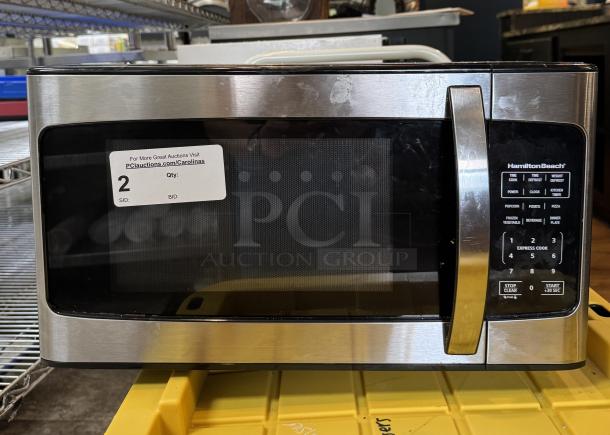 Hamilton Beach Microwave Model #EM031M22C-X1, 1500W, stainless steel, tested and working, auction label visible.