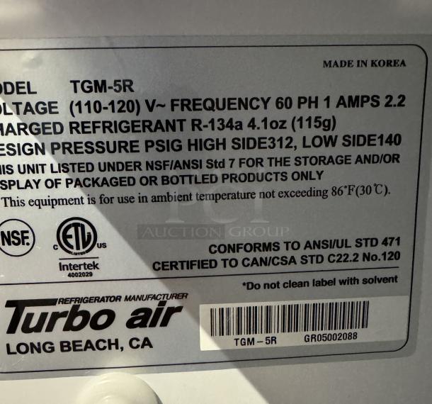 Turbo air TGM-5R refrigerated drink case, 110V, tested and working, NSF/ANSI certified. Made in Korea.