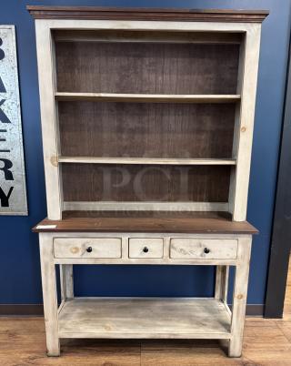 Wooden display hutch with three shelves, three drawers, and distressed finish. Two-tone wood; excellent condition.
