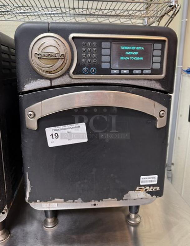 TurboChef Sota high-speed oven, tested & working, 208V, 1 Phase. Features digital display and stainless steel handle. Model signage visible.