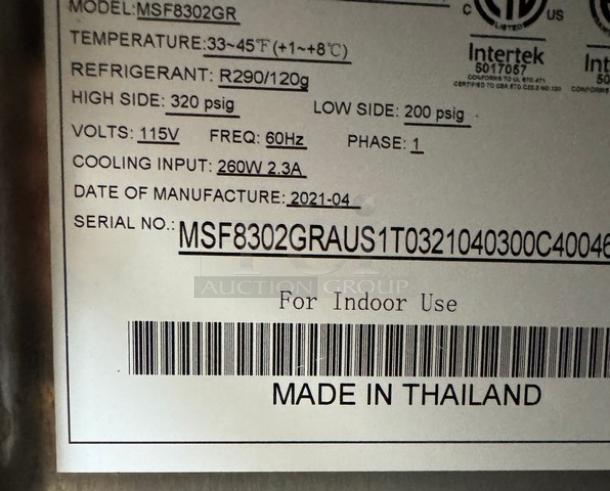 Atosa Sandwich Prep Table label showing model MSF8302GR, 115v, 1 phase, refrigerant R290/120g, manufactured April 2021.