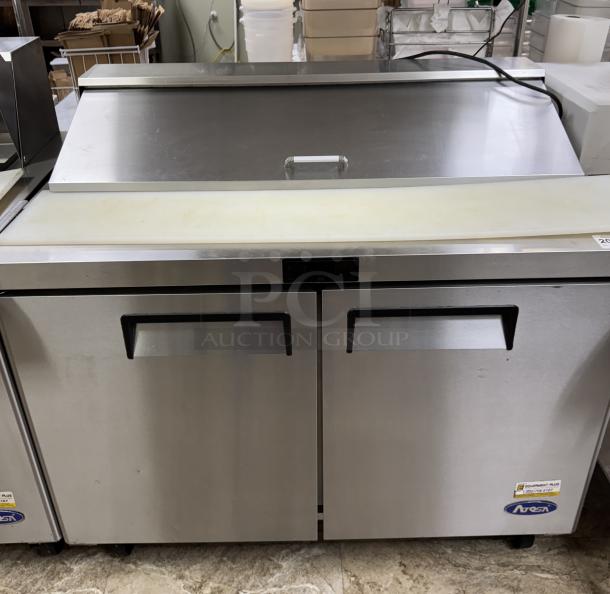 Atosa Sandwich Prep Table, Model MSF8302GR, 115v, 1 Phase, stainless steel, tested and working, dual doors, cutting board.