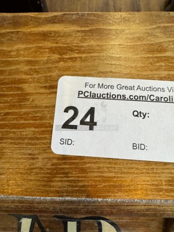 Wooden decorative bread box, rustic finish, label reads "PClauctions.com/Caroli SID: 24." Good condition.