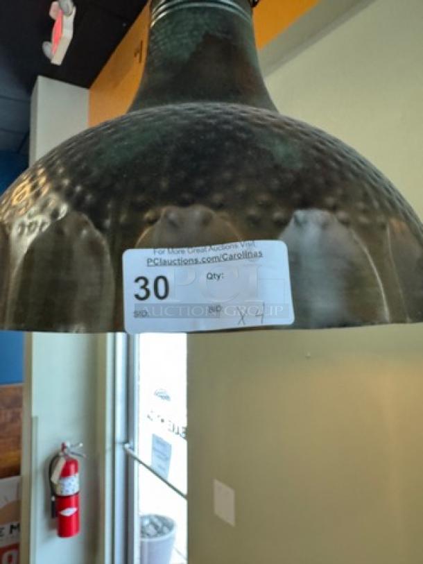 Copper pendant light with hammered texture, auction tag "30" indicates lot of 4. Good condition, ideal for modern decor.