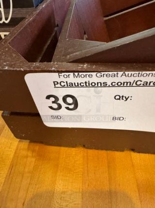 Assorted wooden display boxes and baskets, varying sizes, rustic finish, auction ID tag 39 attached.