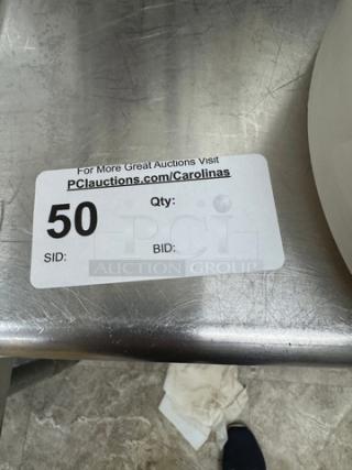 Equipment stand with drawer and galvanized shelf on casters, stainless steel finish. Auction label with lot number 50.