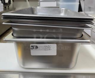 Stack of full-size stainless pans, includes 4-2", 2-4", and 2-6" depths. Visible label indicates pan types.