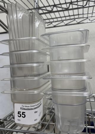 Stack of 10 acrylic pans with lids, size 1/6 x 4, labeled "55" for auction. Clear with visible tags, good condition.