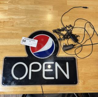 "Open" Pepsi sign with logo, tested and working, includes power cord and mounting chain, auction tag visible.
