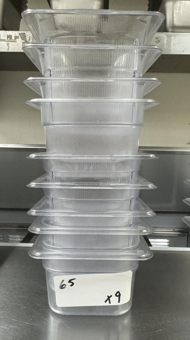 Stack of 9 Vollrath acrylic containers, 1/6 size, 4 inches deep, labeled "65 x9," in good condition.
