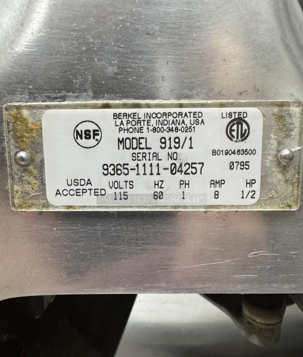 Berkel slicer label showing Model 919/1, 115 V, 1 Phase, USDA accepted, NSF listed, serial number visible.