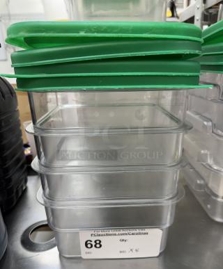 Cambro square plastic containers with green lids, stack of four, clear material, auction lot number 68.