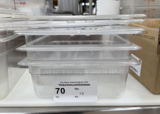 Cambro plastic containers with lids, 3x set, clear, stackable, auction lot 70, brand tag visible, good condition.