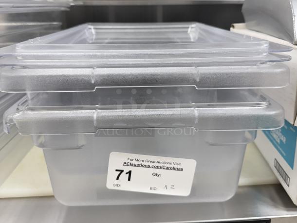 Carlisle plastic containers with lids, new condition, auction lot of 2, labeled "71" for easy identification.