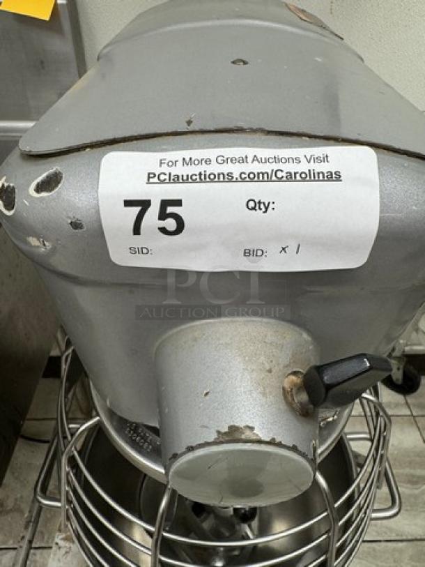 Hobart 30 Qt. mixer with bowl, tested and working, visible wear. Auction tag shows item number 75.