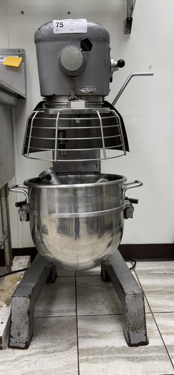 Hobart 30 Qt. Mixer with bowl, safety cage, and attachments, tested and working, visible wear, auction tag 75 attached.