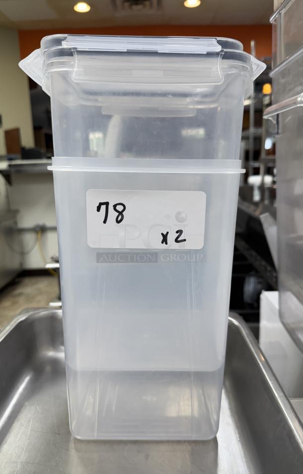 Square 6.5-liter plastic container with lid, clear, visible label "78 x 2". New condition, ideal for storage.