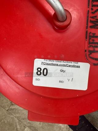 Red Chefmaster Spinner/Strainer with metal handle, visible auction tag indicating item number 80.