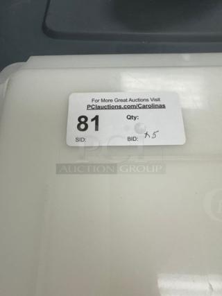 Opaque Choice plastic lids with auction tag stating lot number 81, quantity five.