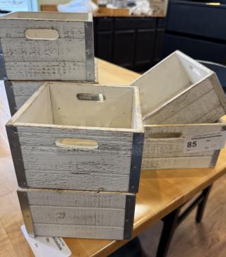 Assorted square wooden display/storage boxes, rustic finish, metal corners, open handles, visible wear. Lot of 7.
