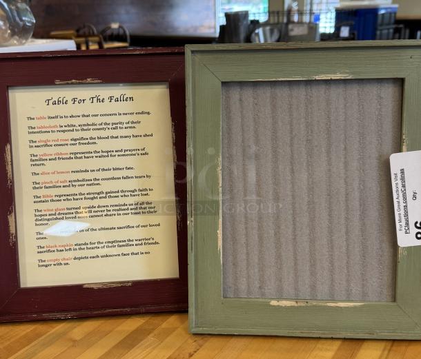 Decorative picture frames, 8x10 inches; one red with memorial text, the other green with distressed finish, no backing.