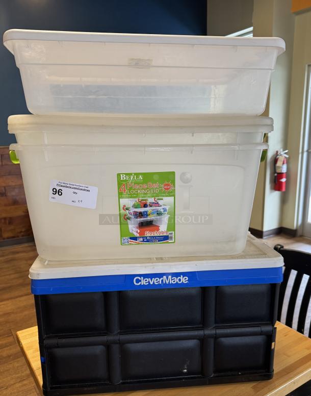 Assorted plastic totes, includes Bella 4-piece locking lid, CleverMade. Visible sticker shows lot number 96, bid number x19.