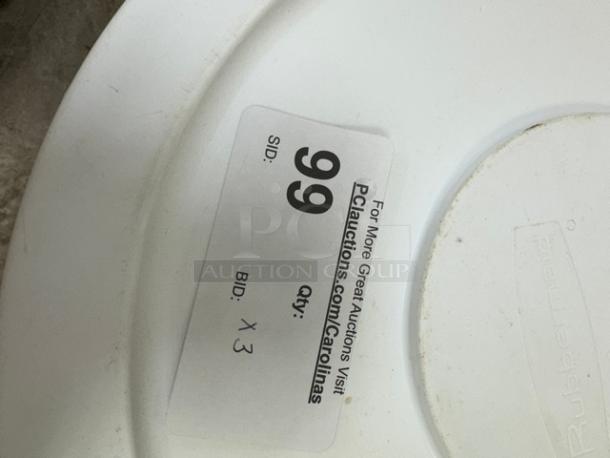 Rubbermaid Round 10 Gal. Containers with lids, set of 3, shown with auction label indicating lot number 99.