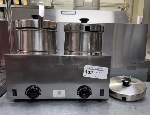 Stainless steel Server chili pot warmer with dual pots, temperature dials, and an auction label. Suitable for commercial use.