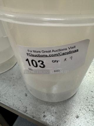 Rubbermaid 4 Qt. round container with lid, clear plastic. Auction label shows lot 103, quantity 9.