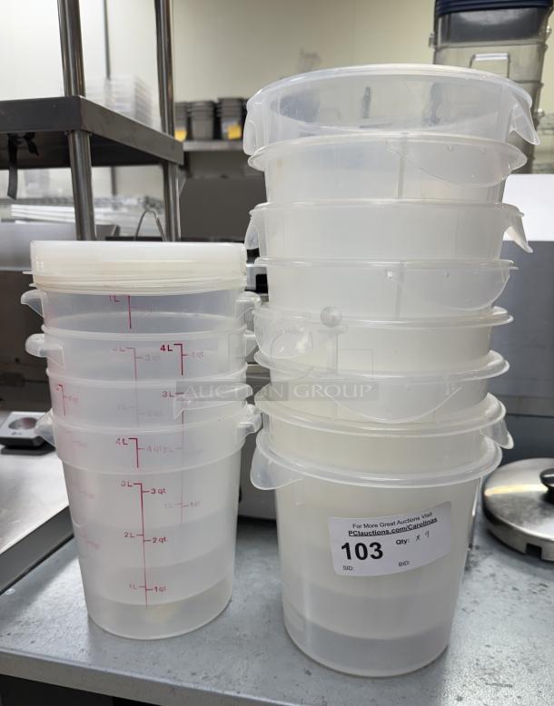 Rubbermaid 4 Qt. round containers with lids, 13 pieces. Features measurement markings, auction label with lot 103.