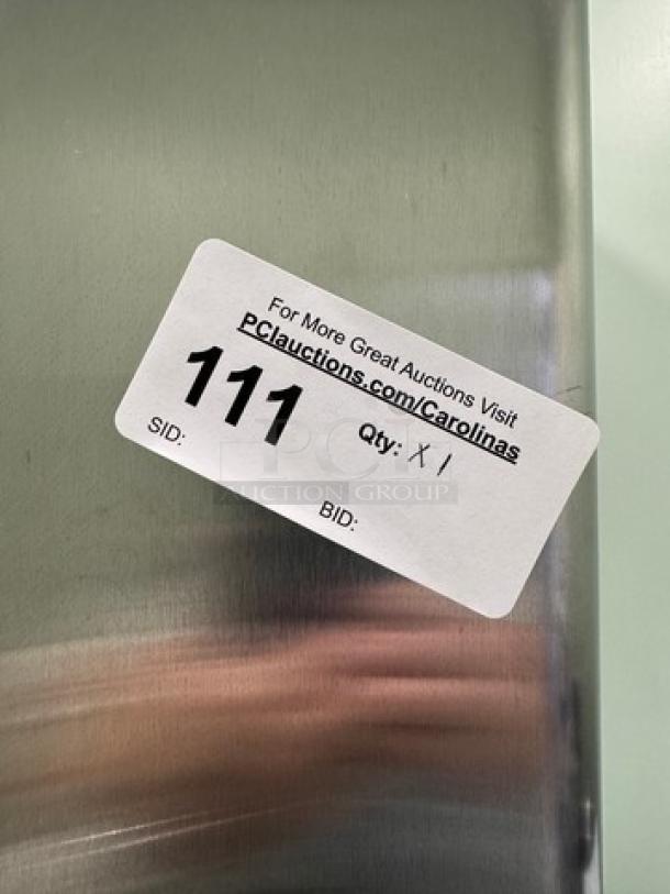 Atqsa 2 Dr. Freezer, Model MBF8503GR, 115V, 1 Phase. Less than 3 months old, tested & working. Auction tag visible.