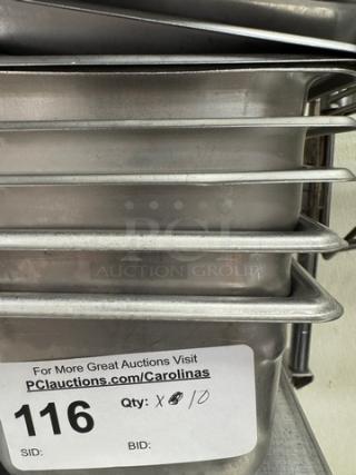 Set of 10 stainless steel 1/6 x 4 pans with 4 matching lids. Lightly used, stackable. Auction tag indicates lot 116.