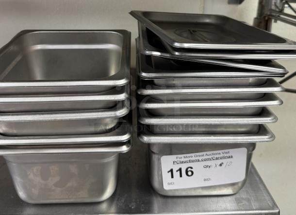 Stainless steel 1/6 pans, stack of 10 with 4 lids, used condition, auction label showing item 116 and website link.