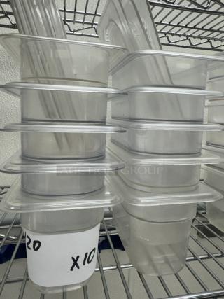 Acrylic 1/6 x 4 pans with 8 lids, set of 10. Excellent condition, clear material, labeled "X10" for auction.
