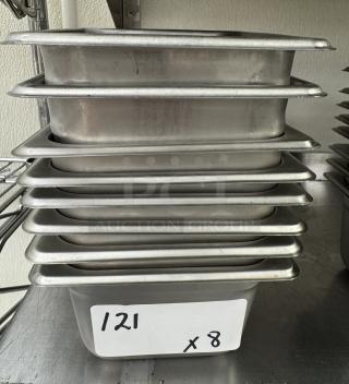 8 stainless steel 1/6 size pans, stacked. Condition: used. Tag reads "121 x 8."