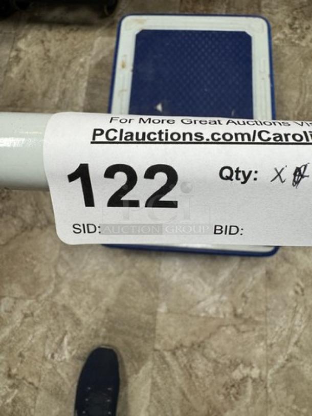 Rolling Folding Platform Cart, blue surface, metal frame, auction tag with lot number 122, new condition.