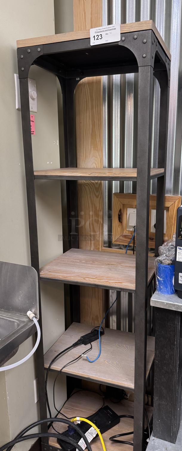 Metal and wood rack with 4 shelves, rustic design, sturdy frame, moderate wear. Auction tag labeled "123".