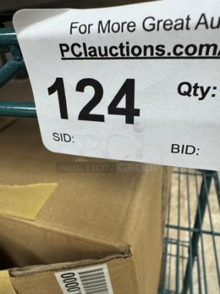 Wire rack with 5 shelves, metal construction, auction tag no. 124 from PCauctions.com, showing sturdy design and minimal wear.