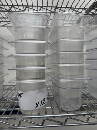 Stack of twelve acrylic 1/6 x 4 pans on metal shelf, clear design, used for kitchen or storage. Label reads “X/12.”