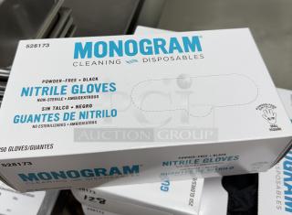 Monogram nitrile disposable gloves, powder-free, black, ambidextrous, non-sterile, 250 count per box, item 528173.