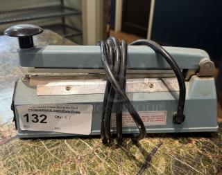 Upline 8" Impulse Sealer, Model H163, lightly used. Features intact labeling, cord wrap, and auction tag #132.