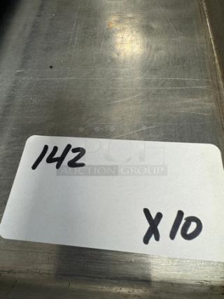 Full size sheet pans, set of 10, used condition. Marking reads "142 X 10" indicating quantity for auction.