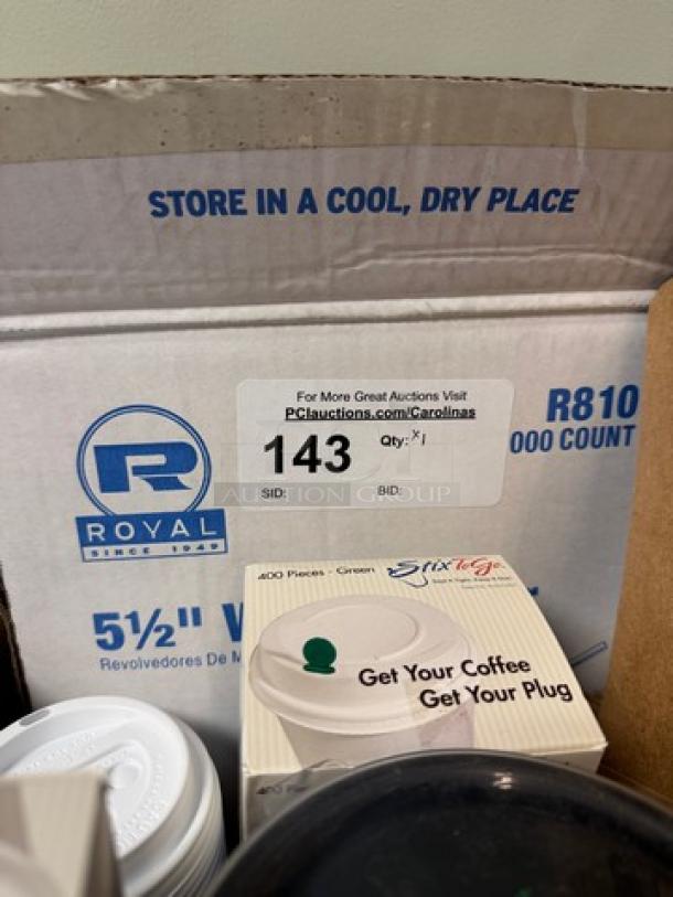 Assorted coffee items, including takeout cups, lids, and stirrers. Brands visible: Royal and Fix Top. Stored in original packaging.